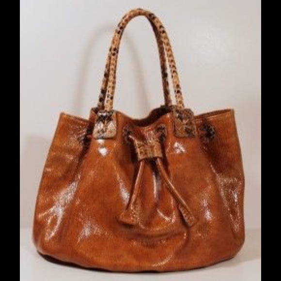 Carlos Falchi Fatto A Mano Python Trim Patent Bag - Picture 1 of 8